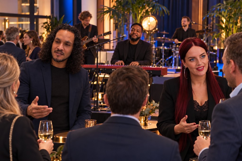 Een zakelijke ontvangst met live band.