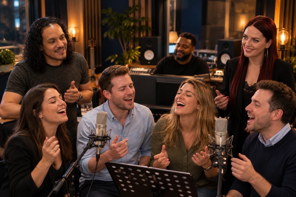 Collega’s zingen samen in de studio, terwijl begeleiders meedoen.