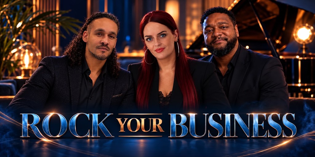 Sfeerportret van Billy Leeuwin, Savanne de Leeuw en John Keys Gutterswijk, met de naam Rock Your Business.